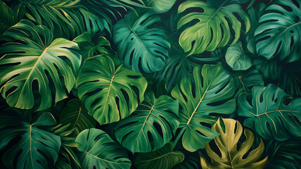 A painting of a lush green jungle with large leaves