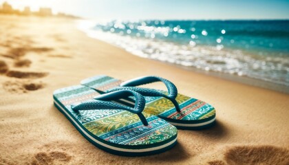 Colorful Flip-Flops on a Sunny Sandy Beach Beside Sparkling Ocean Waves