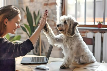 A joyful woman gives a high five to her white fluffy dog while working from home, illustrating a...