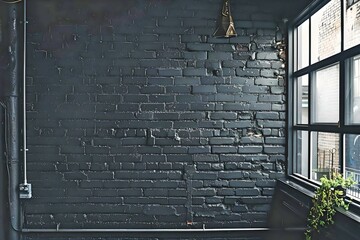 Elegant interior design featuring a black brick wall with a large window, creating a sophisticated...