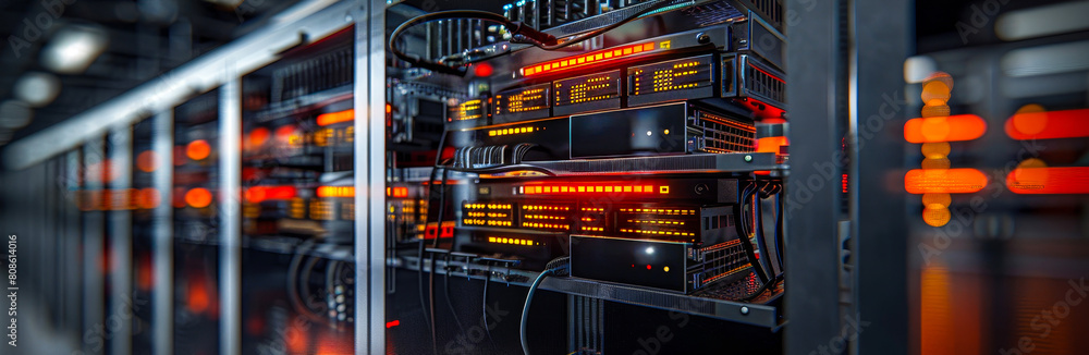 Poster state-of-the-art compact data center showcasing advanced server technology in a modern network facil