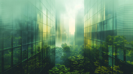 A cityscape with tall buildings and trees