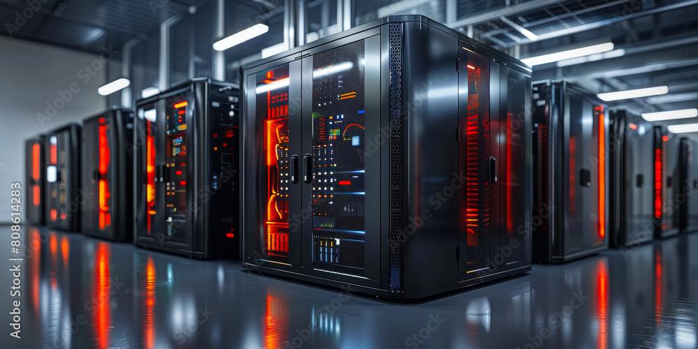 Poster state-of-the-art compact data center servers in network control room with red neon lights