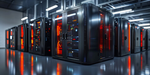 State-of-the-Art Compact Data Center Servers in Network Control Room with Red Neon Lights