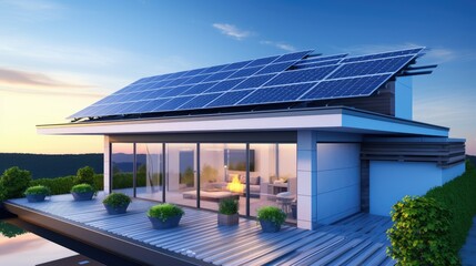 Solar panel system on the roof of a futuristic smart home. Renewable energy concept.