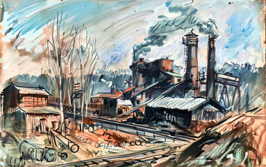 Industrial landscape painting with smokestacks