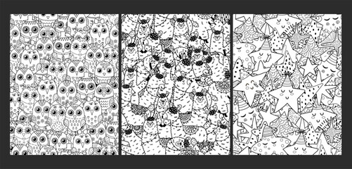 Doodle coloring pages bundle. Adorable templates set for coloring book in US Letter format with cute owls, llamas and stars. Vector illustration