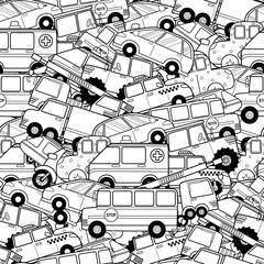 Doodle vehicles black and white seamless pattern. Hand drawn background with cars background for coloring page. Vector illustration
