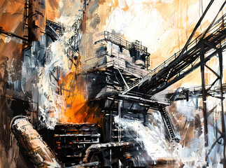 Abstract industrial painting on canvas of a steelworks