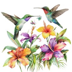 Watercolor painting of a group of colorful hummingbirds flitting among tropical flowers, on isolated white background, Generative AI