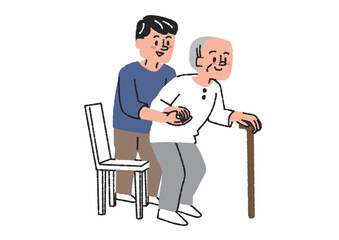 高齢男性が椅子から立ち上がるのを介助する男性