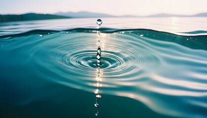 Singular, shimmering water droplet plunging into a calm lake, creating mesmerizing wave formations...