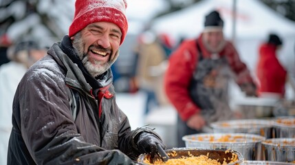Fototapeta premium A man in a red hat is smiling and holding a bowl of food