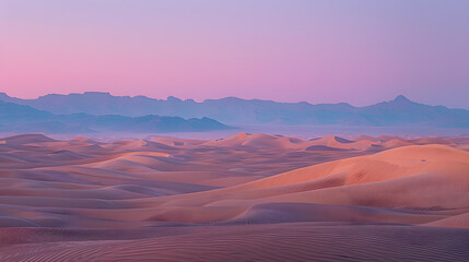A photo featuring a serene desert landscape at dawn. Highlighting the shifting sand dunes under the soft glow of morning light, while surrounded by distant mountains