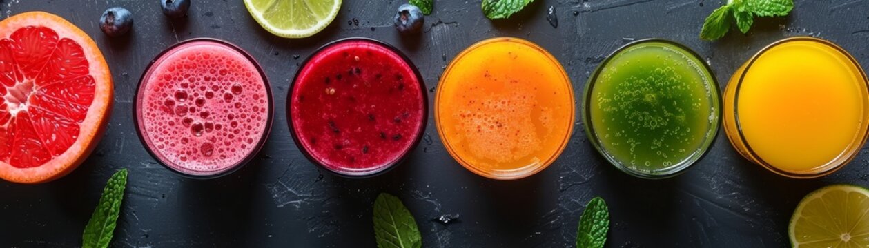 A row of colorful drinks with a green leaf on the right