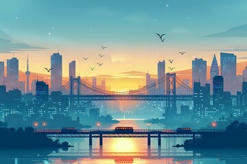 Naklejka premium Serene Cityscape: Minimalistic Urban Illustration with Geometric Precision