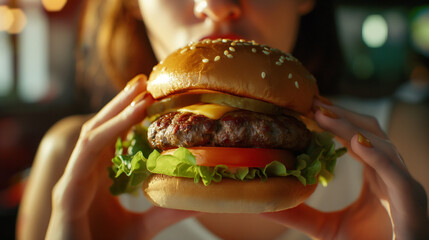 Woman biting a large, fully loaded cheeseburger.