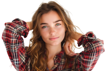 Beautiful green-eyed European female in casual clothes looking at camera, on isolated transparent background