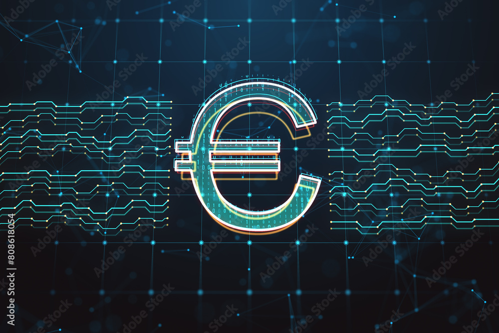 Poster abstract digital euro sign and circuit on dark grid background. online banking, trade and cryptograp