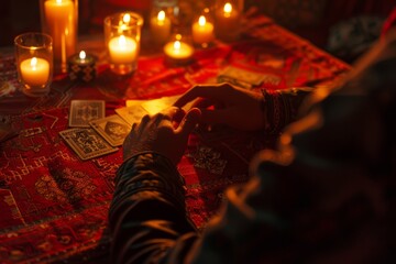 A person is sitting at a table surrounded by multiple candles, engaged in a game of cards