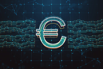 Abstract digital euro sign and circuit on dark grid background. Online banking, trade and cryptography concept. 3D Rendering.