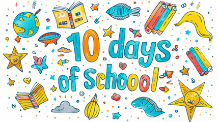 sign that says "10 days of school", white background, clear outline, vector, contour,generative ai