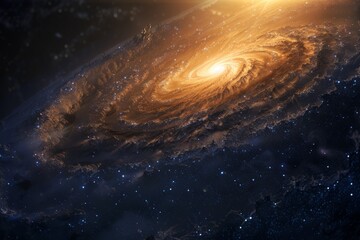 A striking spiral galaxy dominates the scene, with swirling dust clouds surrounding a brilliant star shining intensely at the center