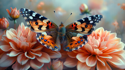 Butterfly on the flower paintings that look real,
A butterfly on a flower with a colorful background
