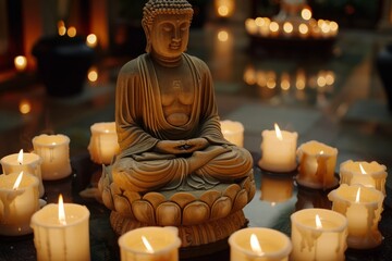A Buddha Purnima statue is surrounded by flickering lit candles, casting a warm glow on the serene religious figure
