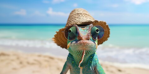 chameleon in hat and sunglasses on beach, sea in background. AI generation