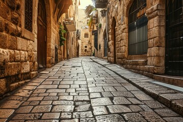 The ancient stone streets , Ancient stone archway with lantern illumination in Old City, Ai...