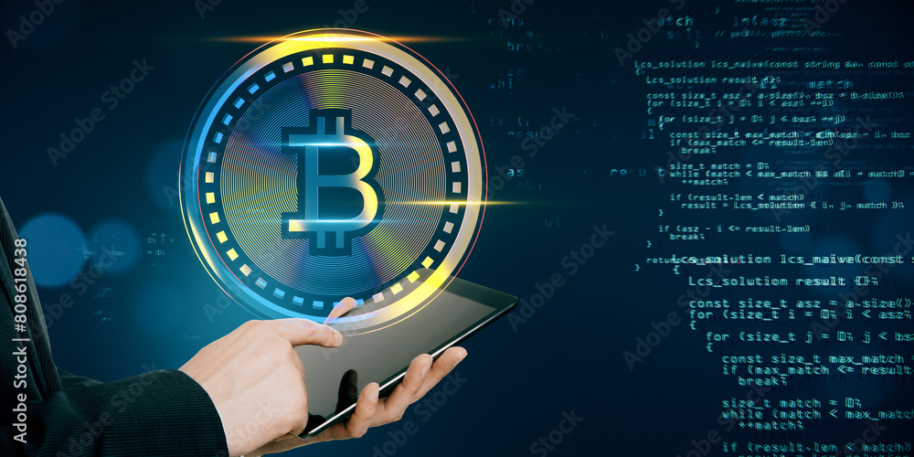 Poster Close up of businessman hand using smartphone with creative glowing digital bitcoin on dark tech background with binary coding. Virtual cryptocurrency and futuristic banking concept.