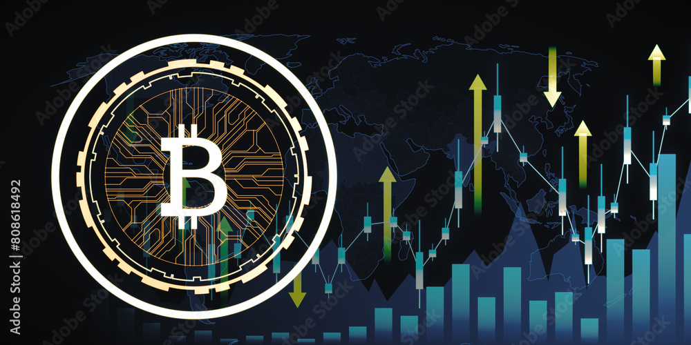 Poster Creative glowing digital bitcoin on dark tech backdrop with forex chart and arrows. Broker and futuristic banking concept. 3D Rendering.