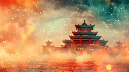 ancient Chinese architecture in colorful glitter like desert illustration poster background