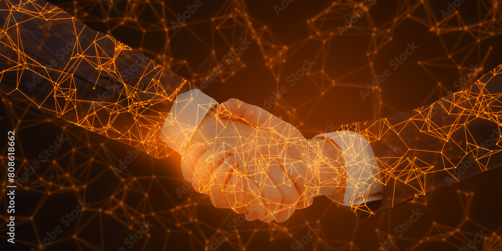 Poster close up of handshake on abstract polygonal background. partnership and virtual relationship concept