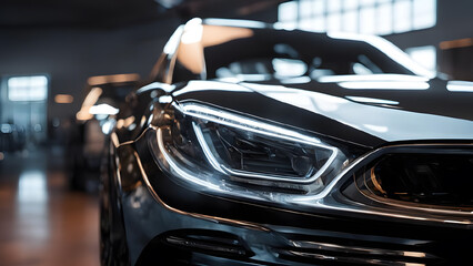 Close-up of the headlight of a luxury car in a showroom