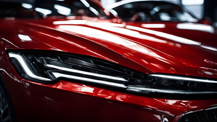 Close-up of the headlight of a modern red car.