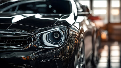 Close-up of headlight of modern luxury car. Selective focus
