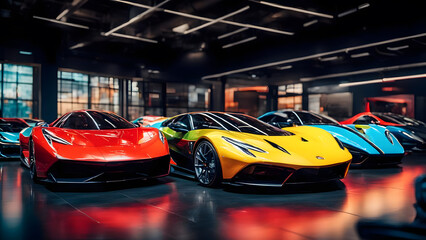 Colorful sports cars in the exhibition hall. 3d rendering.