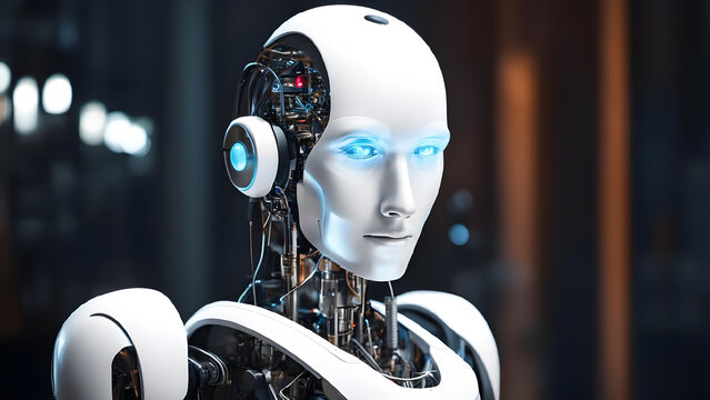 Robot humanoid artificial intelligence working in a factory 3d rendering image