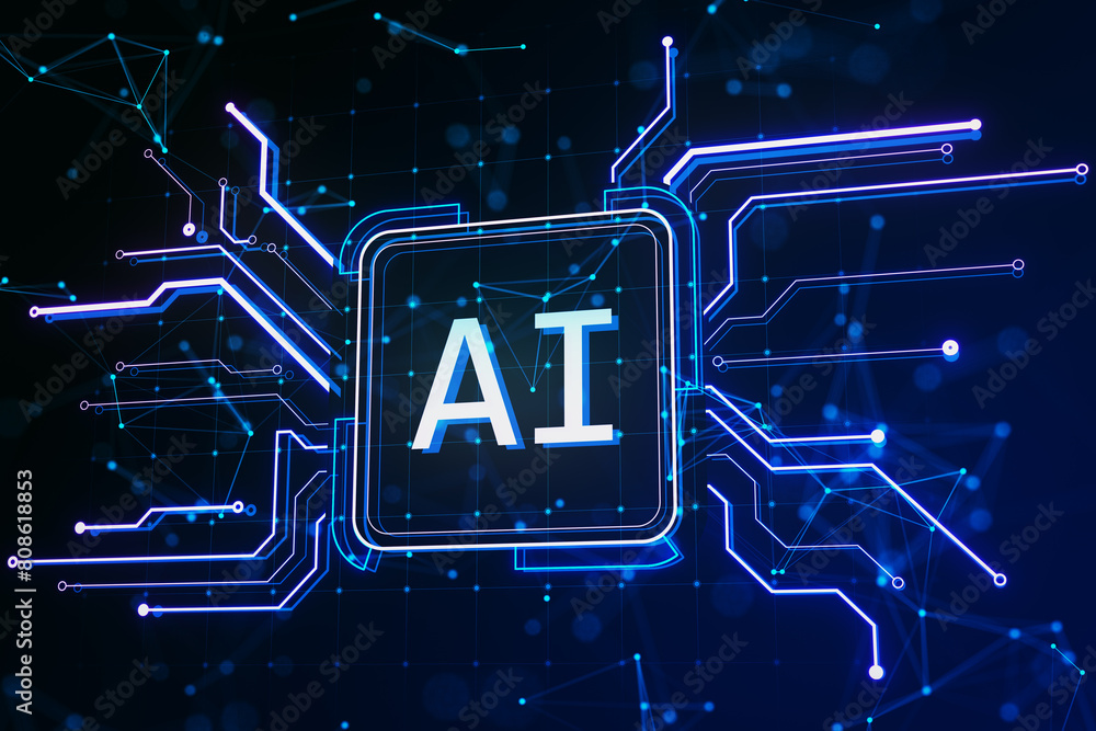 Poster Creative square circuit button hologram with AI icon on dark backdrop. Technology and artificial intelligence, machine learning concept. 3D Rendering.