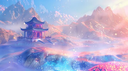 Obraz premium ancient Chinese architecture in colorful glitter like desert illustration poster background