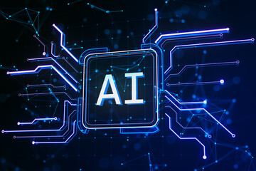 Creative square circuit button hologram with AI icon on dark backdrop. Technology and artificial intelligence, machine learning concept. 3D Rendering.