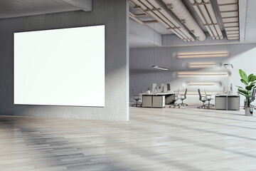 Modern coworking office interior with empty white mock up frame on wall, window and sunlight. 3D Rendering.