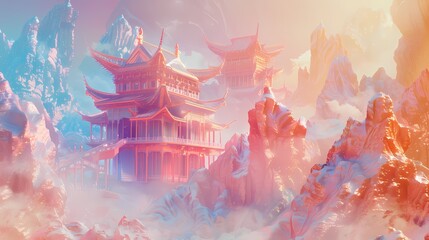 ancient Chinese architecture in colorful glitter like desert illustration poster background