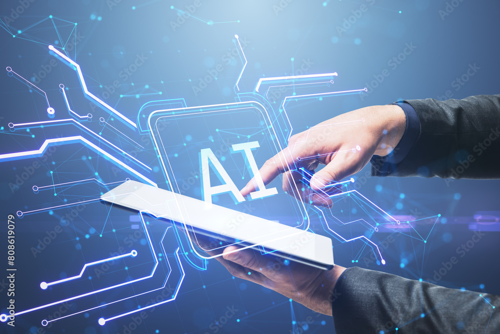Fototapete Side view of businessman hands using smartphone with creative square circuit button hologram with AI icon. Technology and artificial intelligence, machine learning concept.
