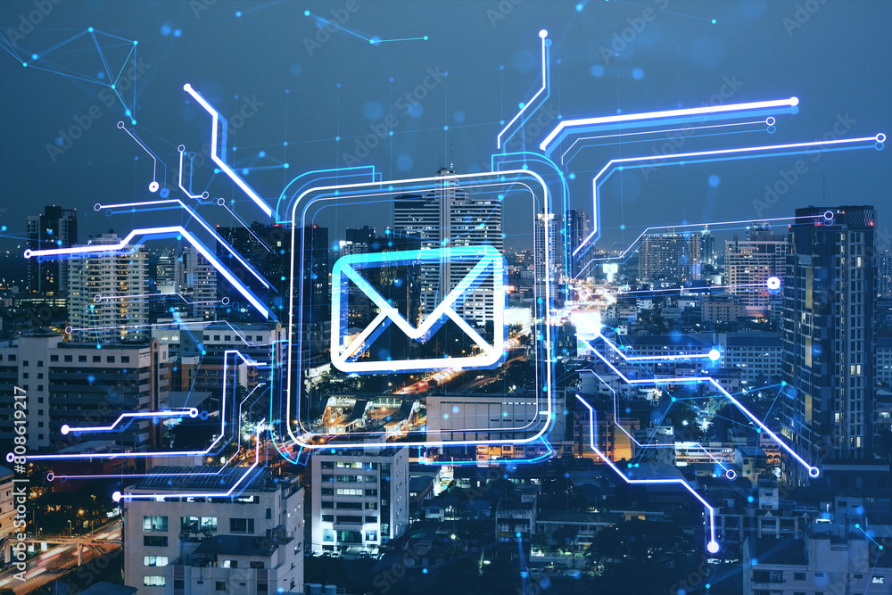 Poster creative square circuit button hologram with email icon on blurry night city background. technology 