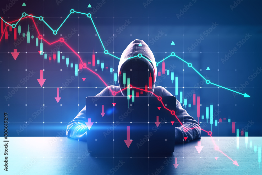 Poster Hacker in hoodie sitting at desk and using laptop with falling red forex chart and map on dark background. Trade, hacking and crisis concept. Double exposure.