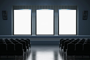 Empty cinema hall with modern design, spacious seating, and blank screens. 3D Rendering