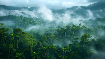 A photo featuring a lush tropical rainforest canopy. Highlighting the diverse flora and fauna of the jungle, while surrounded by misty clouds